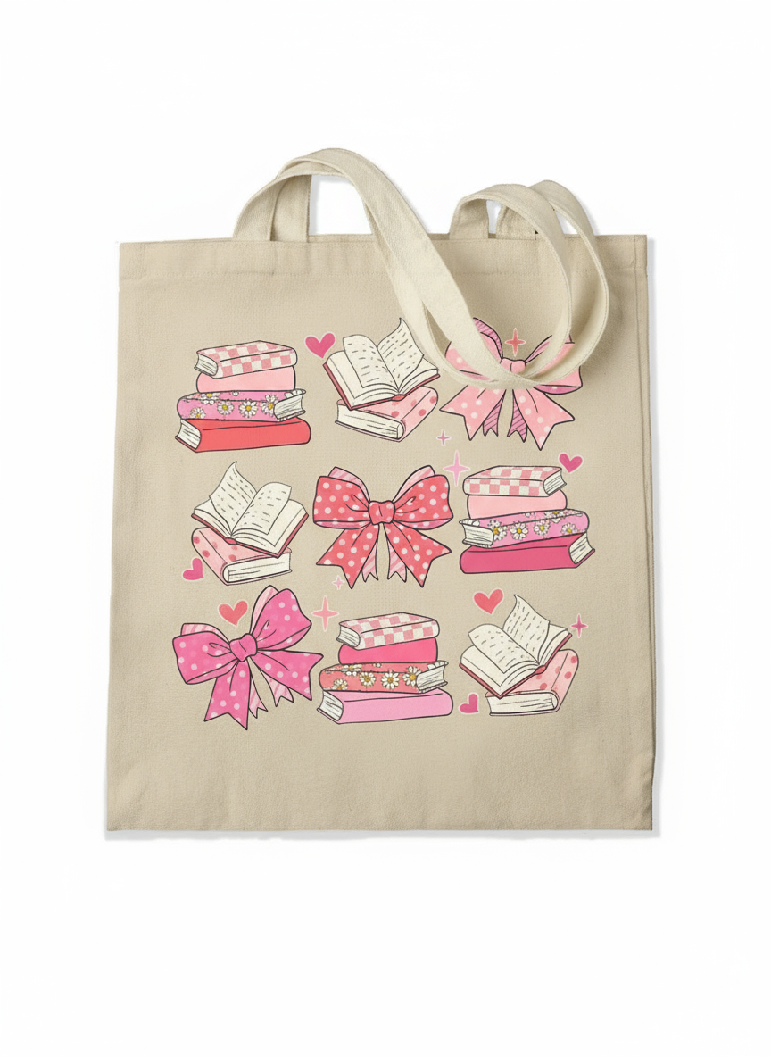Bows & Books Tote Bag Gusseted Natural Canvas