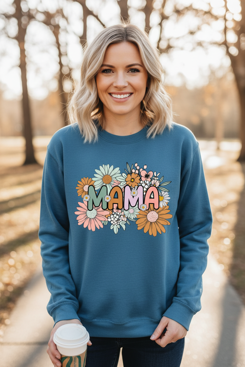 Blonde woman wearing blue sweatshirt with MAMA floral design