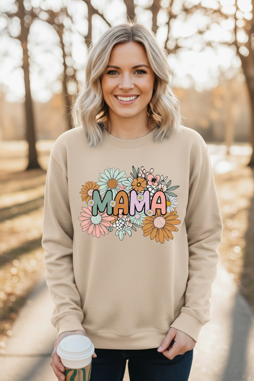 Blonde woman wearing beige MAMA floral sweatshirt