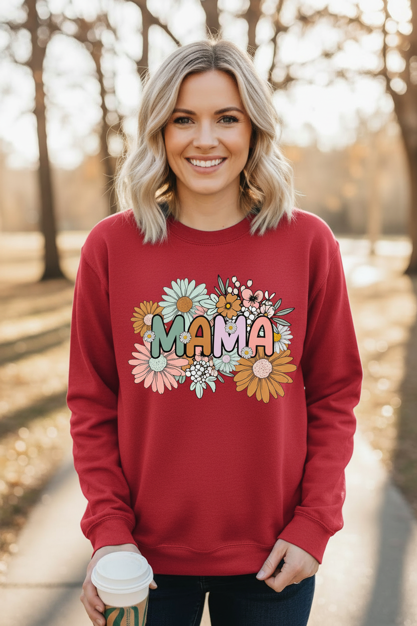 Blonde woman wearing red MAMA floral sweatshirt