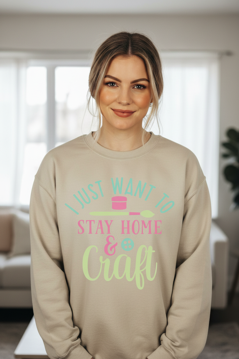 Blonde woman wearing beige Stay Home & Craft sweatshirt