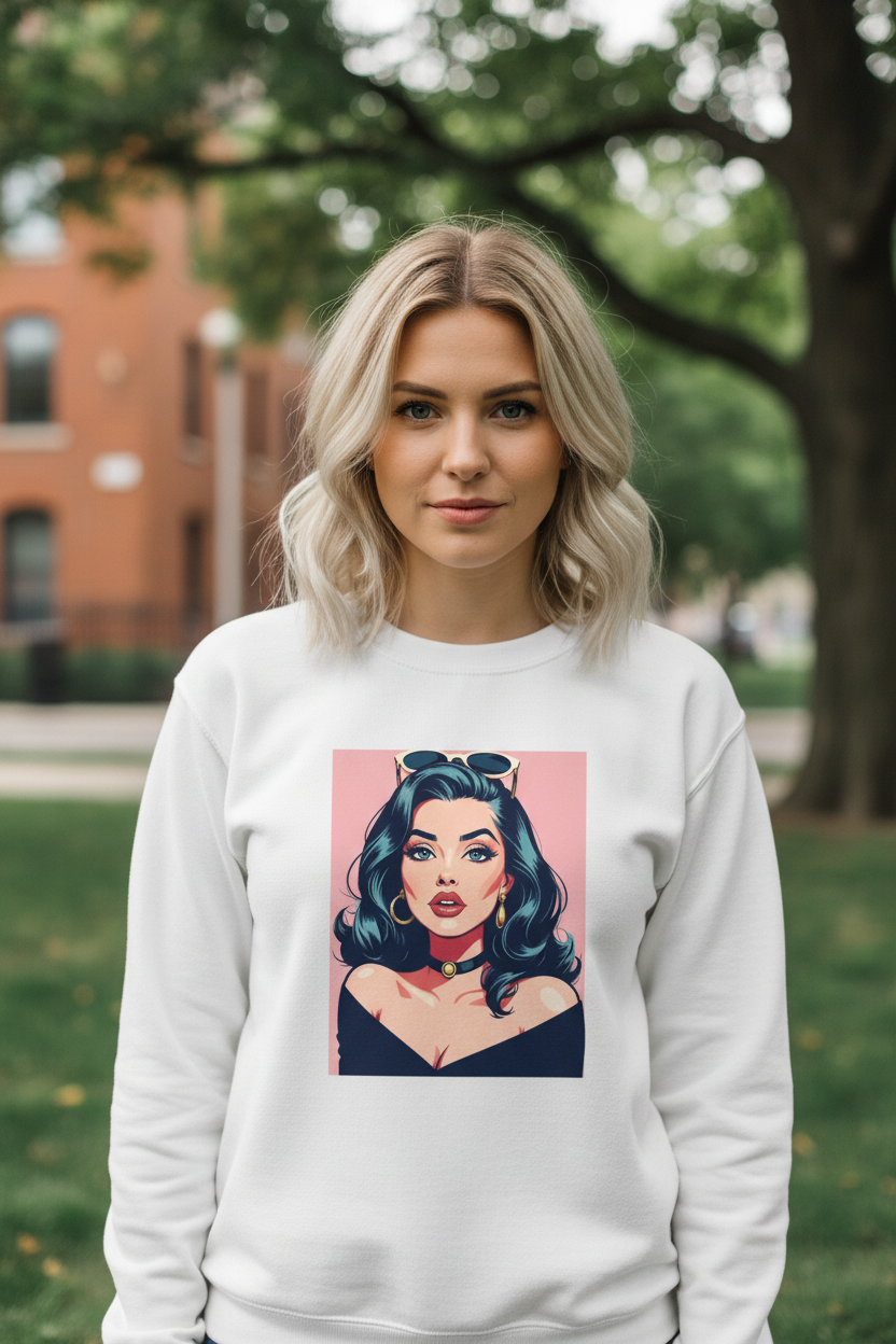 Blonde woman wearing white sweatshirt with retro design
