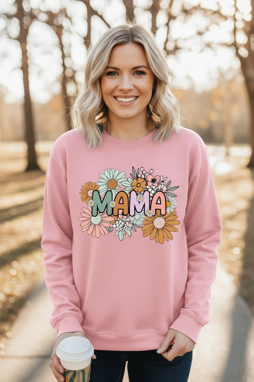 Blonde woman wearing pink MAMA floral sweatshirt