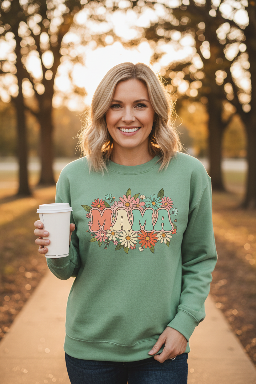 Blonde woman wearing green MAMA floral sweatshirt
