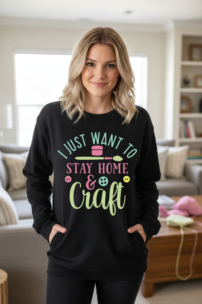 Blonde woman wearing black Stay Home & Craft sweatshirt
