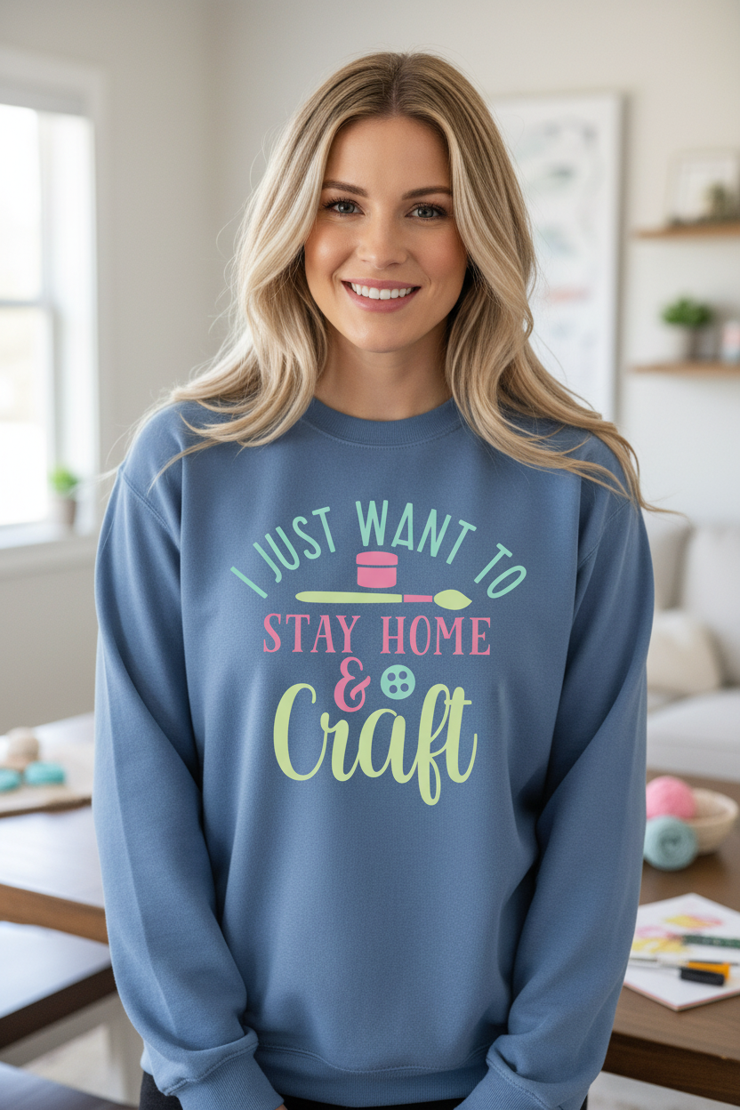 Blonde woman wearing blue Stay Home & Craft sweatshirt