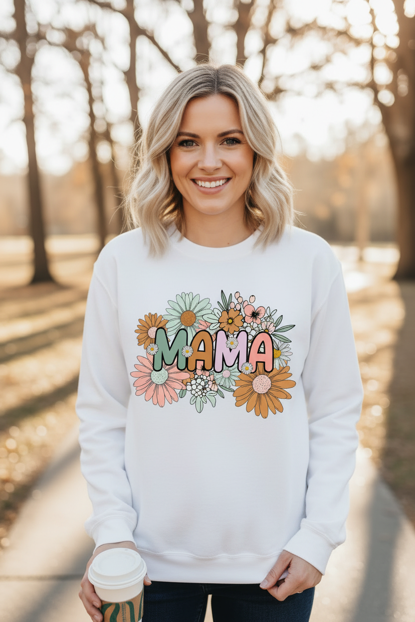 Blonde woman wearing white MAMA floral sweatshirt