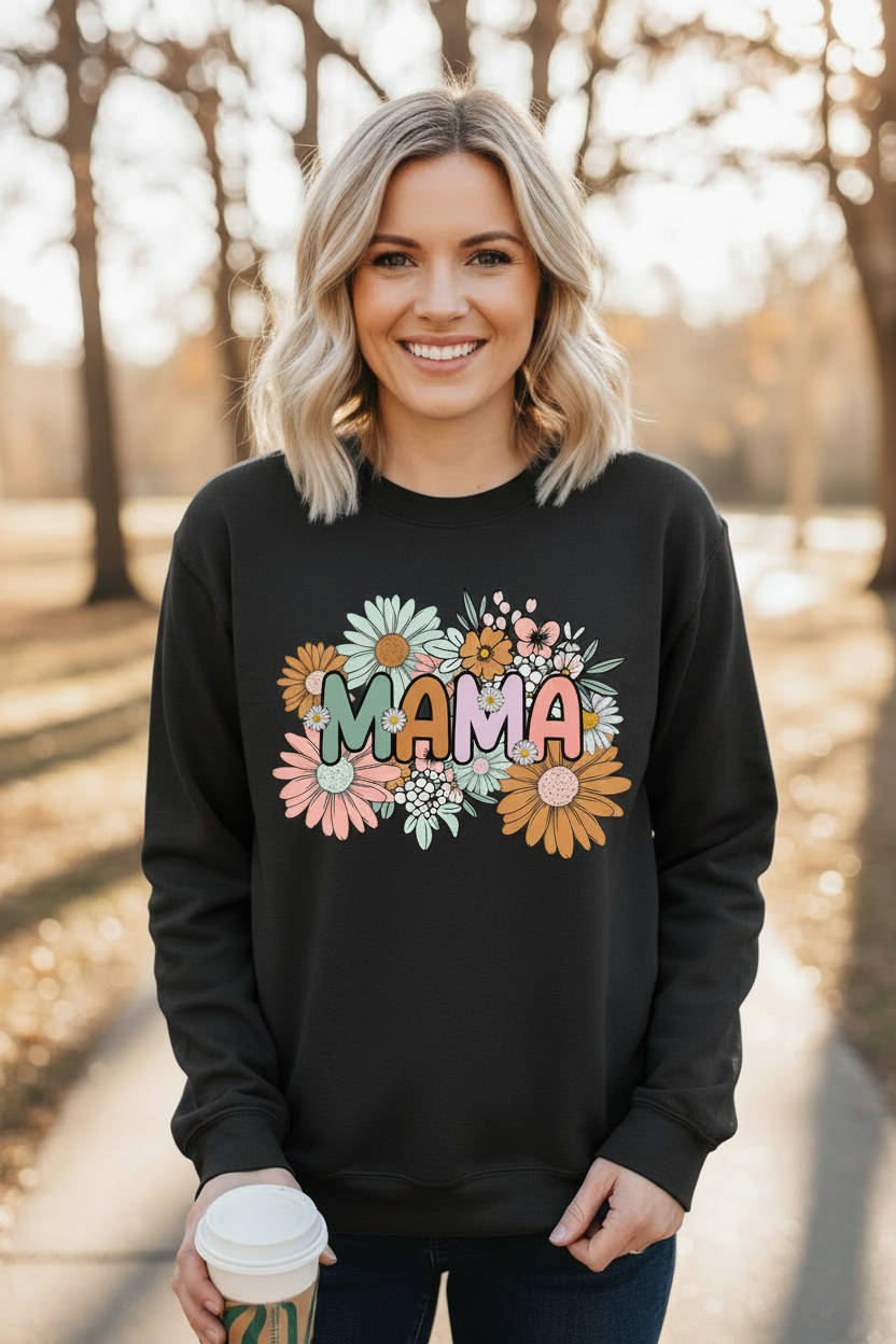 Blonde woman wearing black MAMA floral sweatshirt